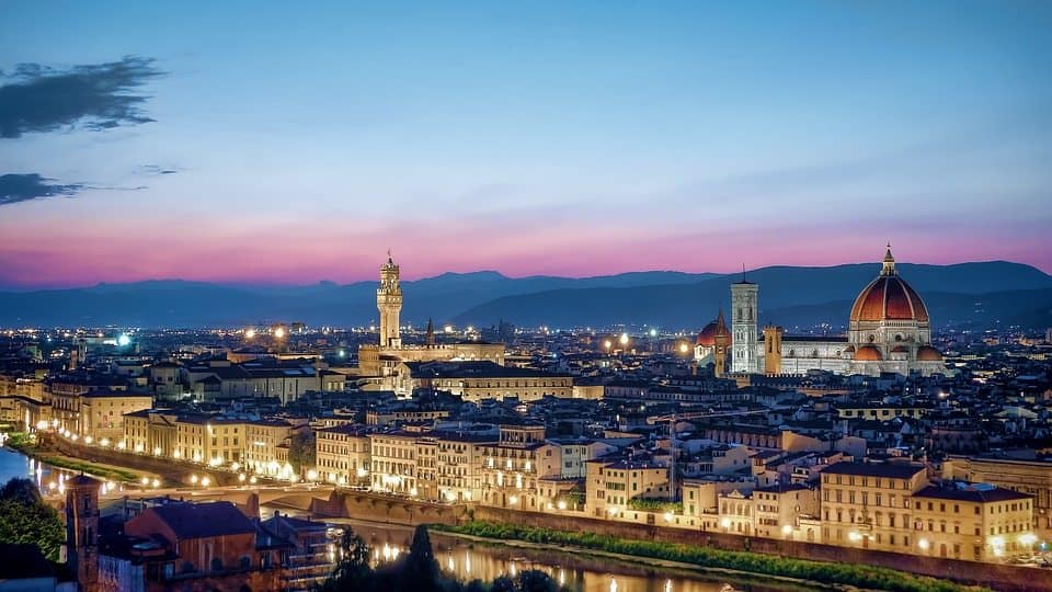 The city of Florence at dusk, reminiscent of scenes from the Inferno movie.