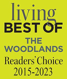 Yellow graphic with the text: "Living Best of The Woodlands Readers' Choice 2015-2023" and a sleek layout.