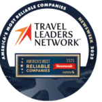 Logo for Travel Leaders Network, awarded as one of America's Most Reliable Companies by Newsweek in 2025. The layout features silhouetted buildings and text, capturing the travel theme perfectly.