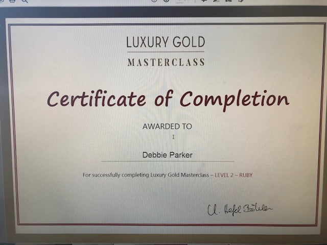 Luxury gold masterclass certificate of completion featuring Debbie.