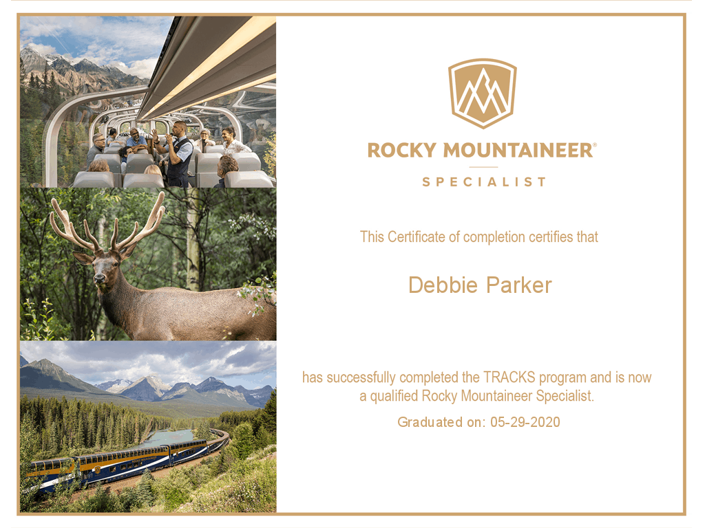 Meet Debbie Parker - Rocky mountaineer certificate.