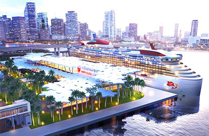 An artist's rendering of a cruise ship docked in a city, sponsored by Fox Travel.