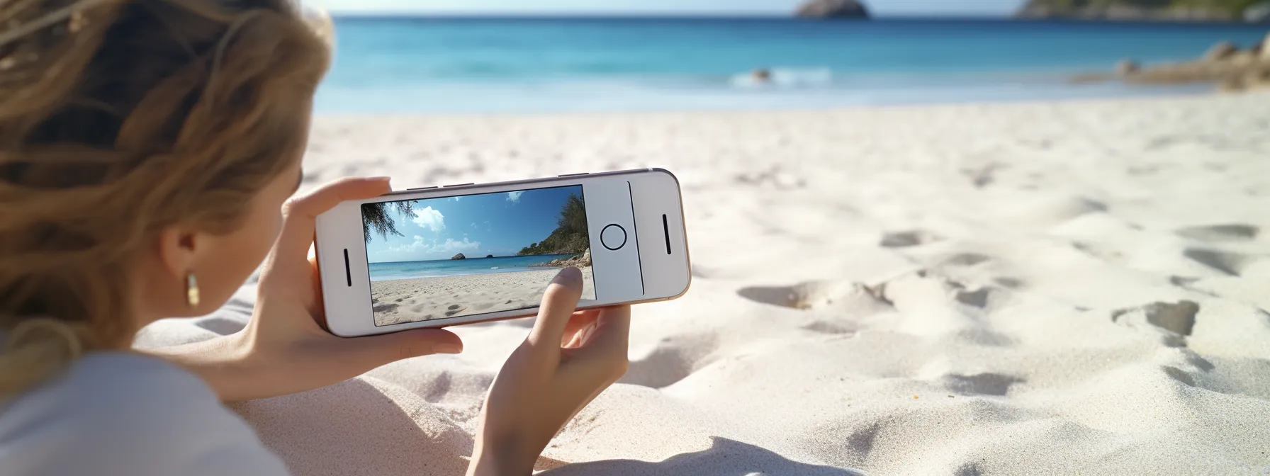 A woman is enjoying her time while capturing a picture with her cell phone on the beach.