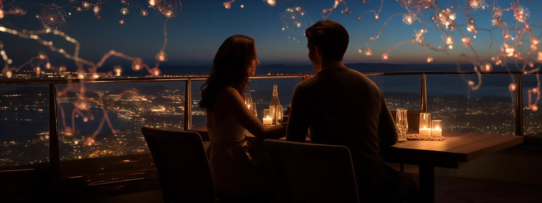A couple sitting at a table overlooking a city at night while enjoying the breathtaking views offered by Secrets Resorts.