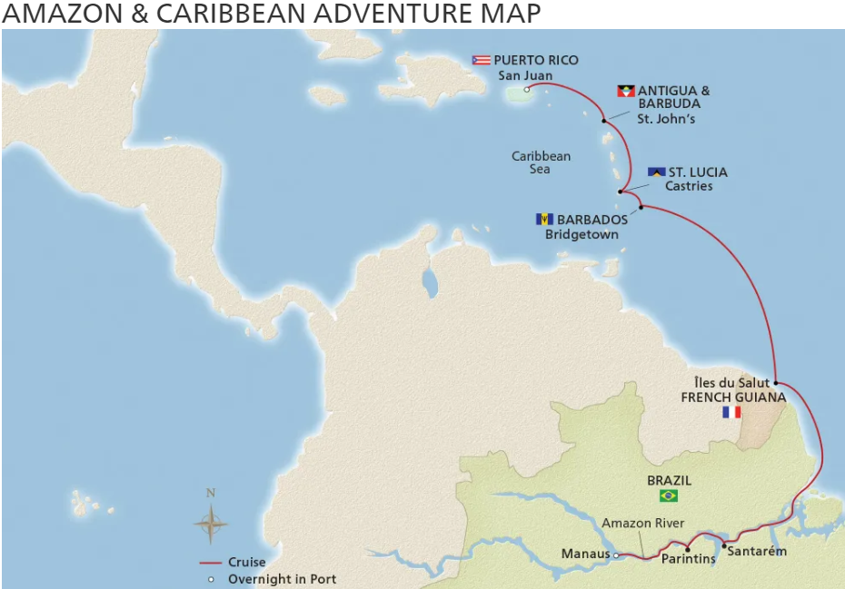 Map displaying a Caribbean Adventure cruise route in the Caribbean