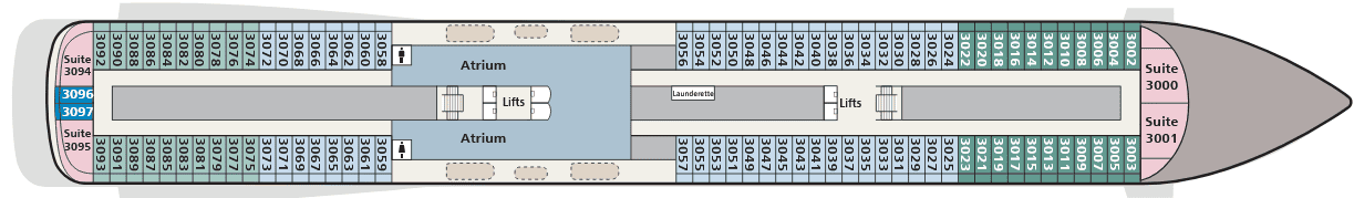 Top view schematic of a passenger train car layout showing seating areas, suites, a lounge, and atrium for Caribbean Adventure travel.