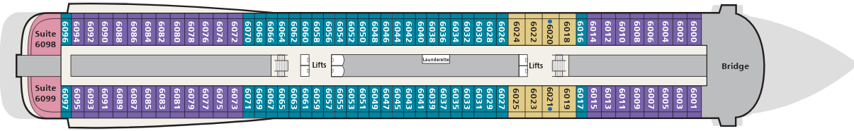 Illustration of a train's top-down layout showing passenger seats in multiple colors, two suites, bathrooms, and a travel bridge area.