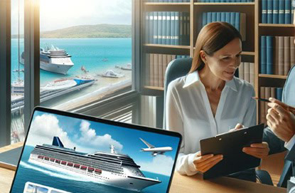 Two people, a man and a woman, review documents in an office with a seaside view. A laptop displays a cruise ship image from Fox Travel, while real cruise ships are visible through the window.