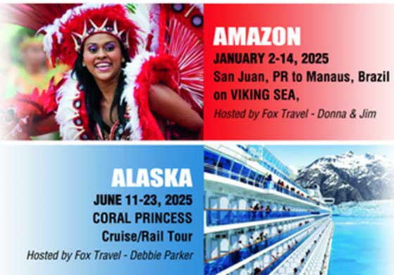 Image divided into two sections announcing travel tours. Left shows a woman in a red headdress for an Amazon tour, January 2-14, 2025. Right shows a cruise ship in Alaska for a tour, June 11-23, 2025 - perfect adventures for anyone turning 40 and seeking unforgettable experiences.