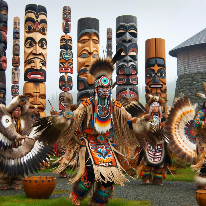 People in traditional attire perform a cultural dance surrounded by tall totem poles with intricate carvings, creating a mesmerizing scene that any visitor would cherish, especially those following A Cruiser's Guide to Alaska.