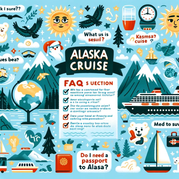 Illustrated "A Cruiser's Guide to Alaska" FAQ section with drawings of wildlife, ships, mountains, and common questions about cruising to Alaska, including passport, weather, and sightseeing info.