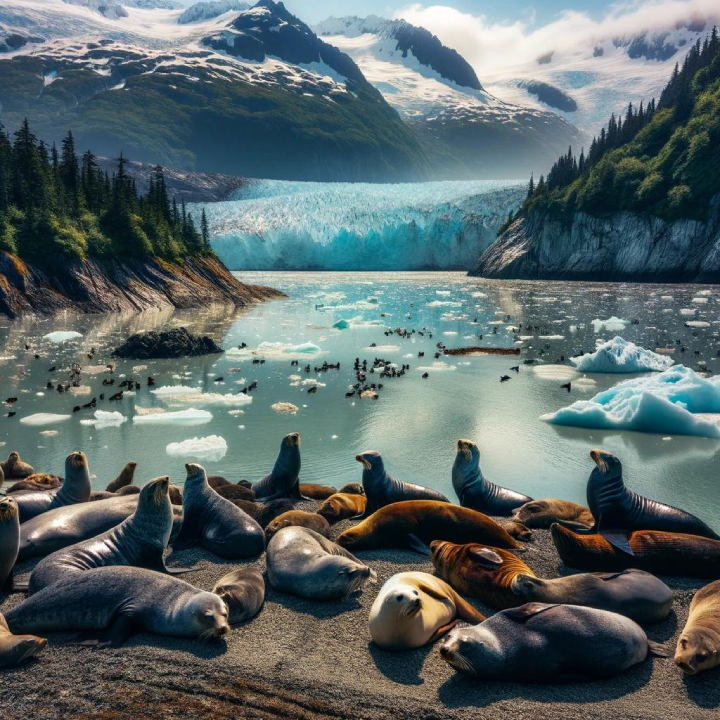 A group of seals rests on a rocky shore with an icy glacier, floating icebergs, and mountainous terrain in the background, showcasing scenes straight out of *A Cruiser's Guide to Alaska*.