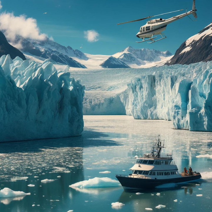 A helicopter hovers above an icy fjord with a boat navigating through floating ice, surrounded by large glaciers and snow-covered mountains—a perfect scene straight out of A Cruiser's Guide to Alaska.