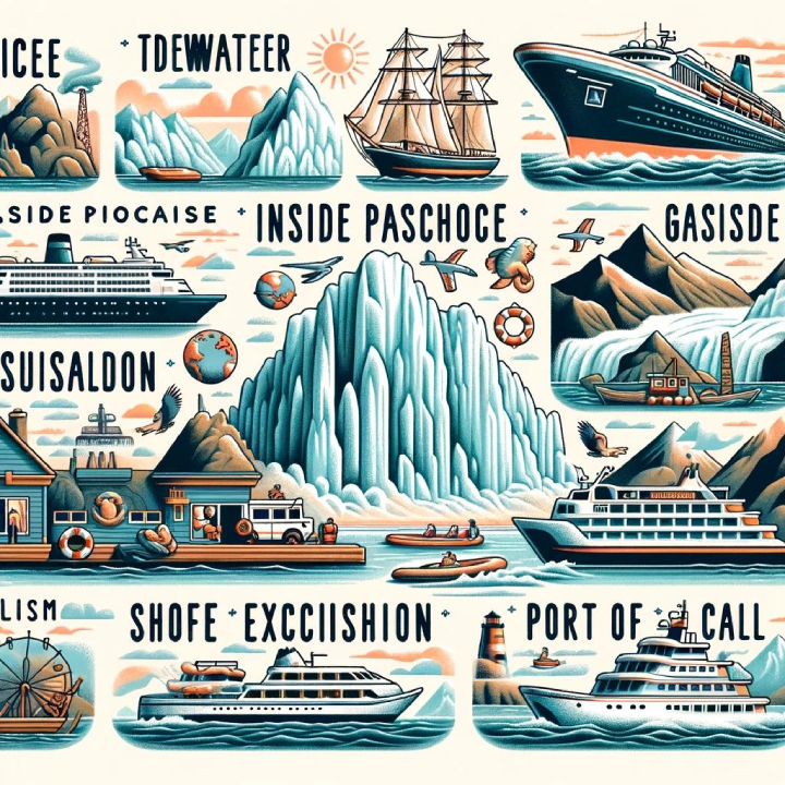 Illustration from "A Cruiser's Guide to Alaska" showing various icebergs in Arctic waters, surrounded by different types of ships, rafts, and boats, depicted with labels such as "ICEFIELD" and "TIDEWATER.