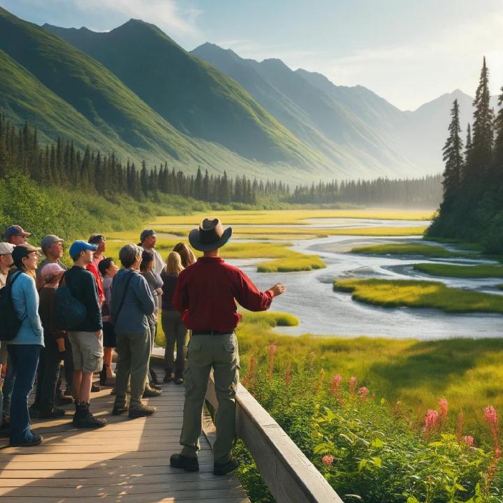 A group of people, clutching "A Cruiser's Guide to Alaska," listen intently to their hat-wearing guide standing on a wooden boardwalk beside a meadow with winding streams, flanked by mountains and trees under a clear sky.