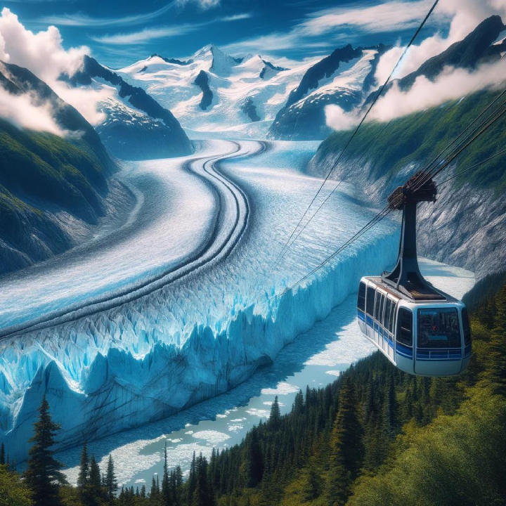 A Cruiser's Guide to Alaska showcases a cable car ascending over lush green forests, with a vast glacier and snow-capped mountains in the background under a partly cloudy sky.