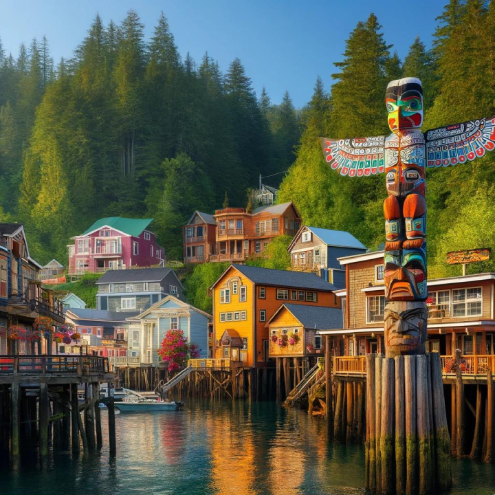 A coastal village with colorful wooden houses built on stilts, surrounded by pine trees, and featuring a large, decorated totem pole by the water—truly a sight recommended in A Cruiser's Guide to Alaska.