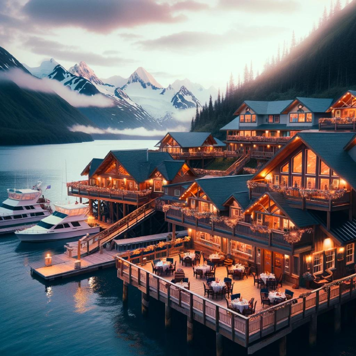 A scenic lakeside lodge with several wooden cabins, outdoor dining areas, and docked boats set against a backdrop of snow-capped mountains and pine trees during twilight, reminiscent of the serene landscapes featured in A Cruiser's Guide to Alaska.