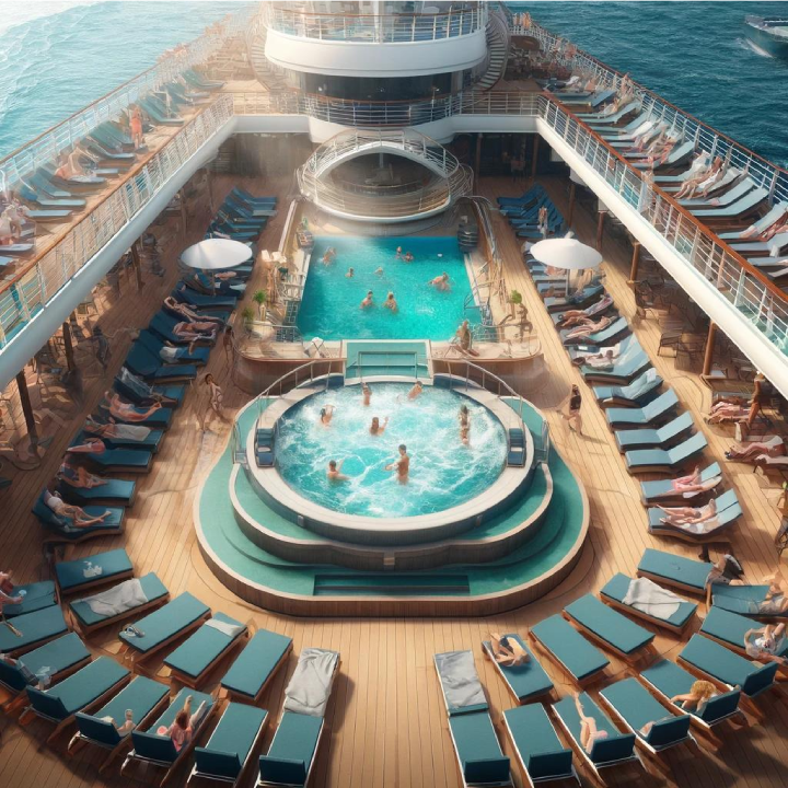 An aerial view of a cruise ship deck from *A Cruiser's Guide to Alaska* features a pool, hot tub, loungers, and people sunbathing and swimming. The ocean is visible in the background.