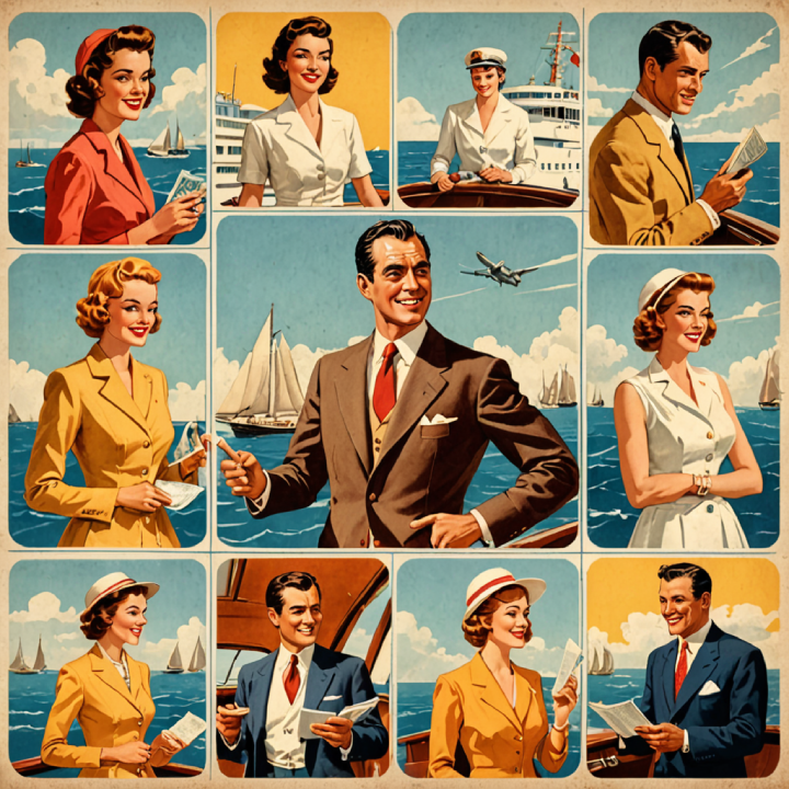 A grid of retro-styled illustrations depicts men and women in mid-20th-century attire, each engaging in various leisurely activities on a boat or near the sea, capturing the essence of "A Cruiser's Guide to Alaska.