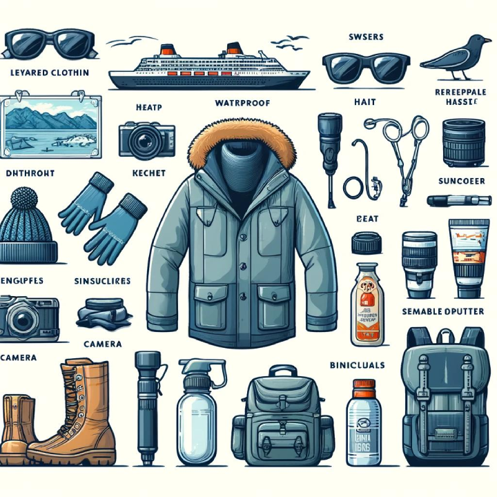 Illustration of essential items for a winter cruise, titled "A Cruiser's Guide to Alaska," featuring clothing, gear, and accessories arranged around a central winter coat. Items range from gloves and hats to camera equipment and sunscreen.