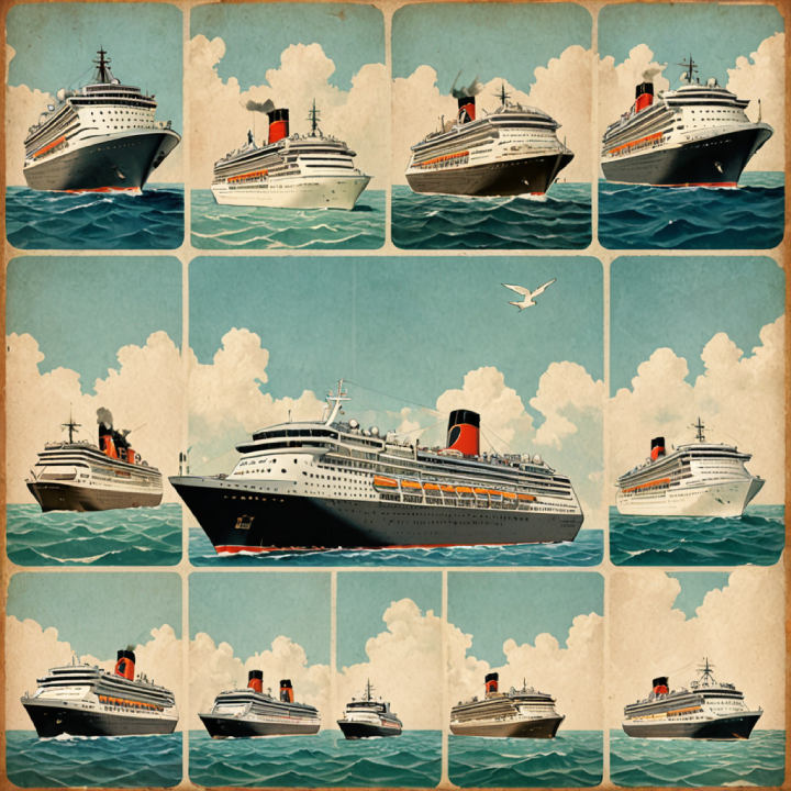 A Cruiser's Guide to Alaska: A collage of cruise ship illustrations set against a backdrop of cloudy skies and ocean waves. A seagull is visible in the center image.