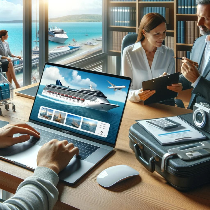 People in an office discuss travel plans with a laptop displaying a cruise ship on the screen and "A Cruiser's Guide to Alaska" open nearby. Travel items like a suitcase, camera, and calculator are on the desk. A window overlooks a harbor with ships.