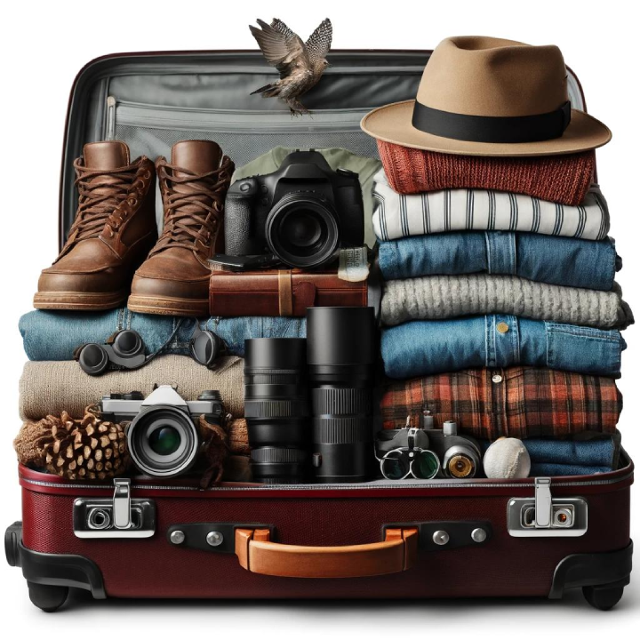 A suitcase packed with neatly folded clothes, a pair of boots, a hat, cameras, binoculars, and various lenses rests beneath "A Cruiser's Guide to Alaska," with a small bird perched on top.