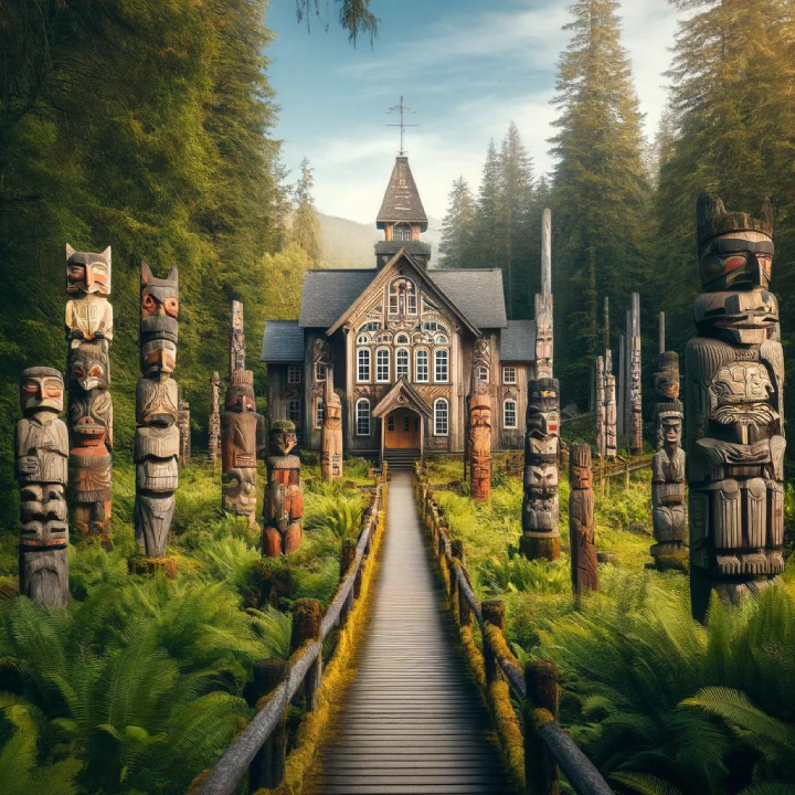 A wooden pathway leads to a large, ornate building surrounded by tall totem poles and lush greenery in a forested area, almost like a scene from A Cruiser's Guide to Alaska.