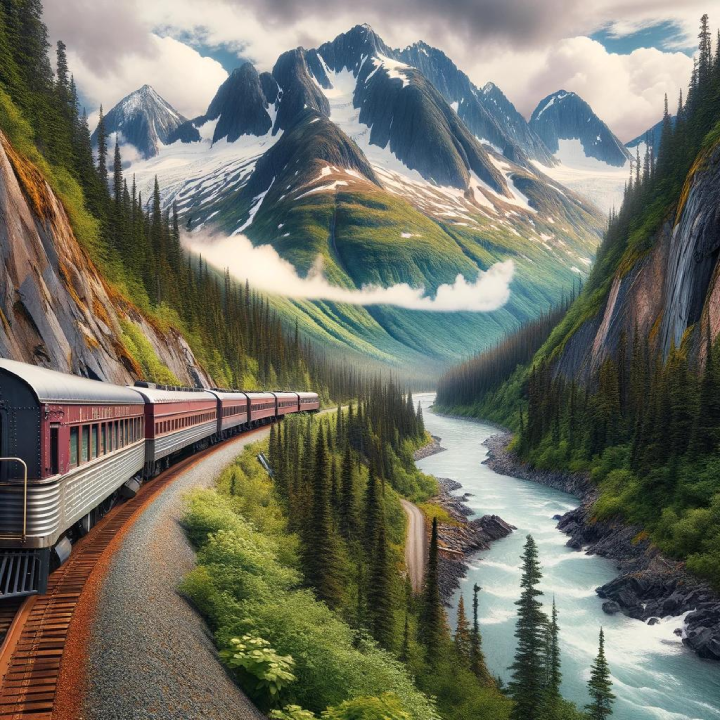 A train travels along a curved track through a mountainous landscape, reminiscent of scenes from A Cruiser's Guide to Alaska, with a river and dense forest in the valley below and snow-capped peaks in the background.