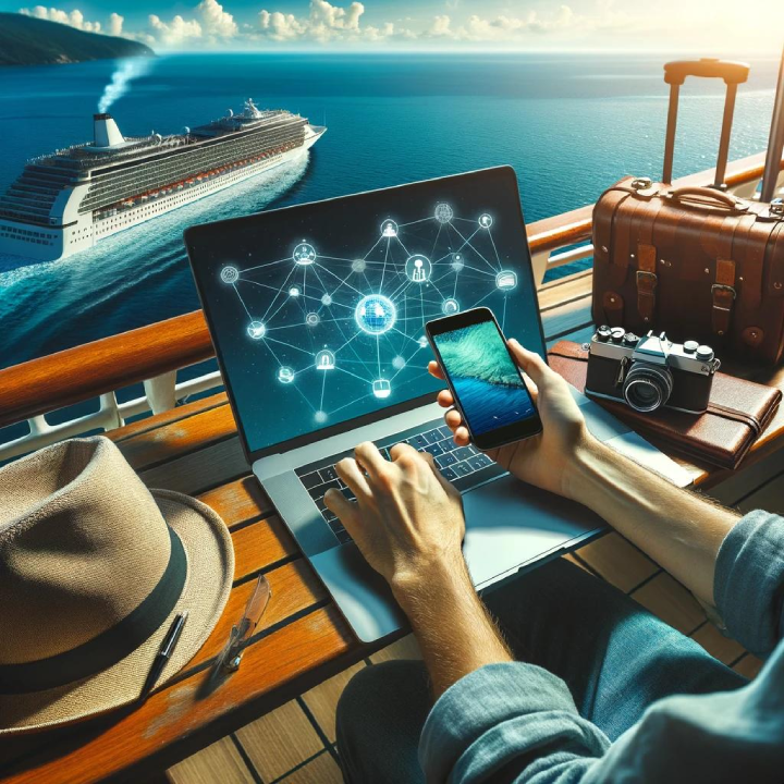 Person working on a laptop and smartphone on a ship deck with a cruise ship on the water, surrounded by a hat, camera, and luggage. Digital connections are shown on the laptop screen, perhaps checking "A Cruiser's Guide to Alaska" for their next adventure.