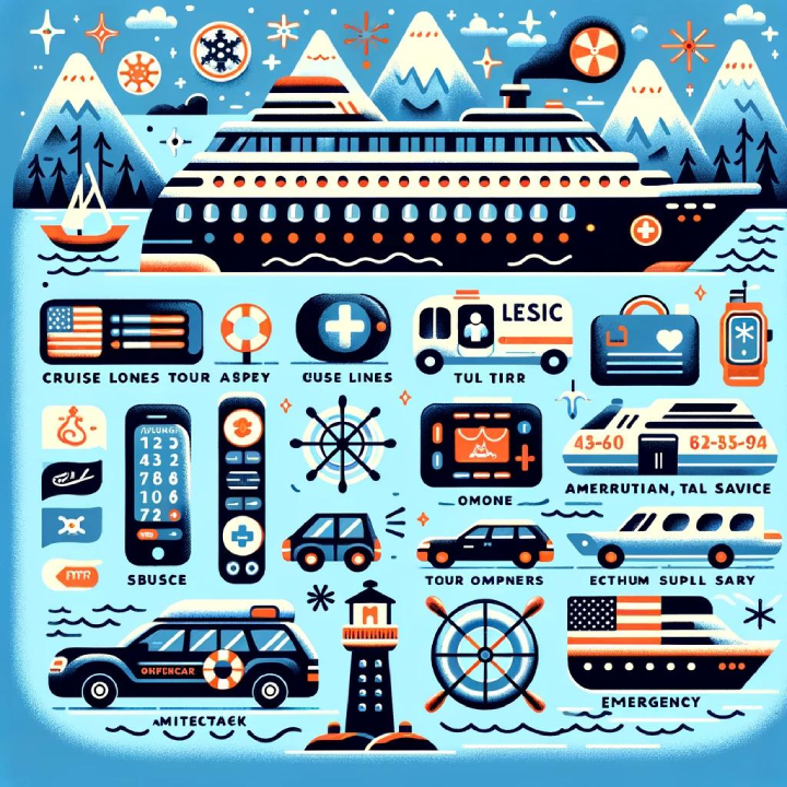 Illustrated scene featuring a cruise ship, mountains, vehicles, emergency equipment, and various icons related to navigation and travel safety in a stylized, colorful design—perfect for "A Cruiser's Guide to Alaska".