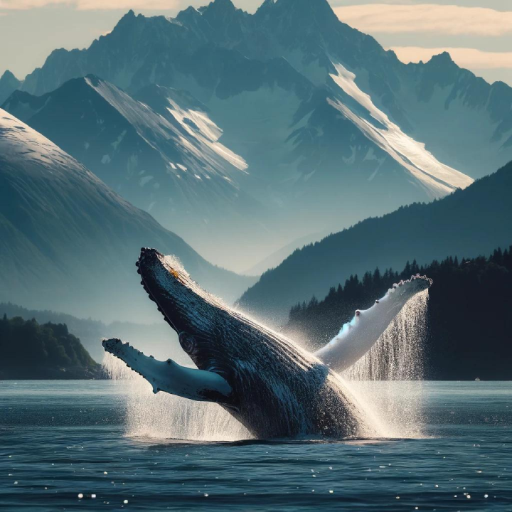 A Cruiser's Guide to Alaska: A humpback whale breaches the water's surface in a serene, mountainous landscape with snow-capped peaks in the background.