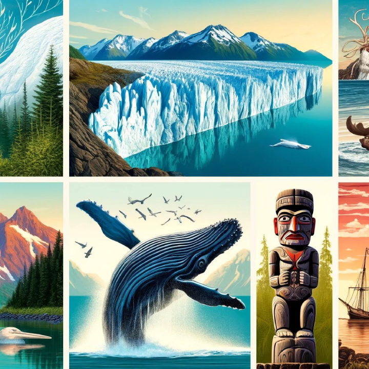 A Cruiser's Guide to Alaska showcases a stunning collage of Alaskan landscapes featuring glaciers, towering mountains, diverse wildlife such as whales and moose, intricate indigenous totem poles, and boats gracefully navigating the waters.