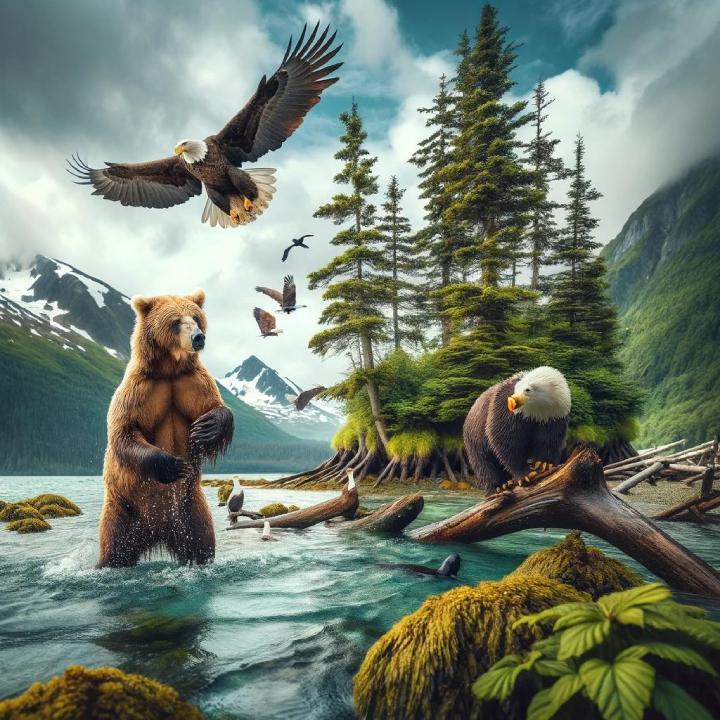 A standing bear in the water with fish, two eagles flying overhead, and one eagle perched on a fallen tree set the scene for A Cruiser's Guide to Alaska, surrounded by the mossy forest and majestic mountains.