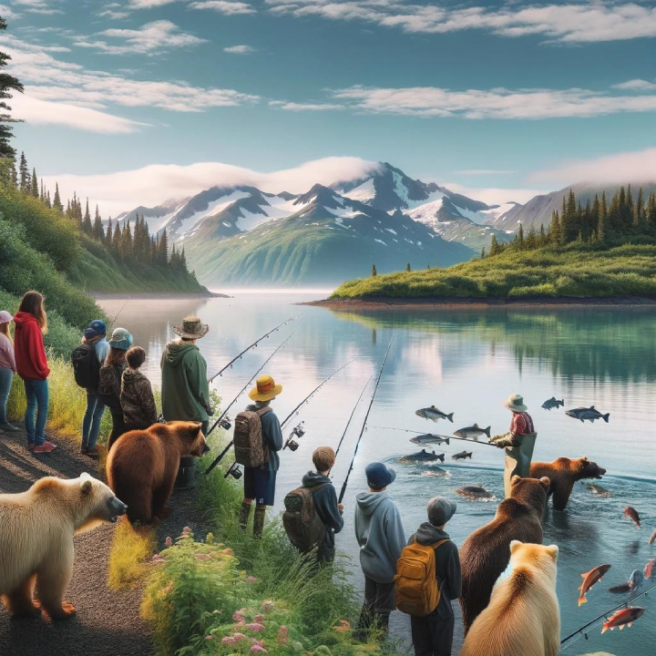 A group of people and several bears are fishing by a scenic lake with mountains and forests in the background under a partly cloudy sky, as described in "A Cruiser's Guide to Alaska.