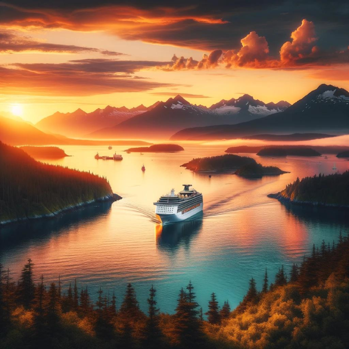 A large cruise ship sails through a scenic fjord during a vibrant sunset, surrounded by small islands and snow-capped mountains, as if straight out of A Cruiser's Guide to Alaska.