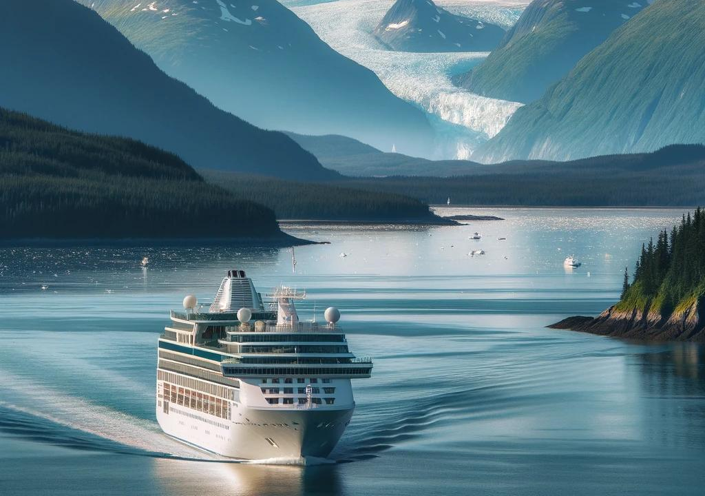 A large cruise ship sails through a serene, narrow waterway flanked by forested mountains and glaciers in the background, capturing a scene straight out of A Cruiser's Guide to Alaska.