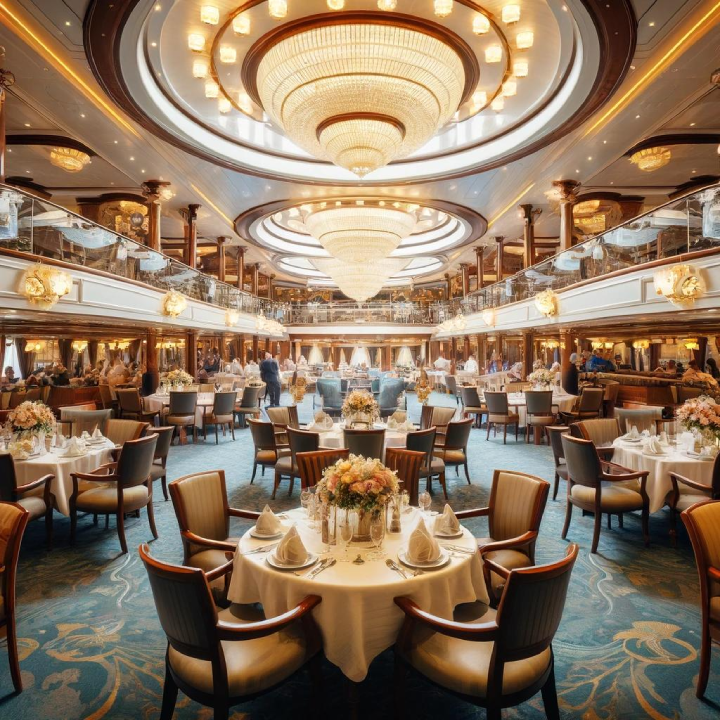 A large, elegant dining hall with round tables set for a meal, ornate lighting fixtures, floral centerpieces, and a grand chandelier hanging from a decorated ceiling—like stepping into the luxury described in A Cruiser's Guide to Alaska.
