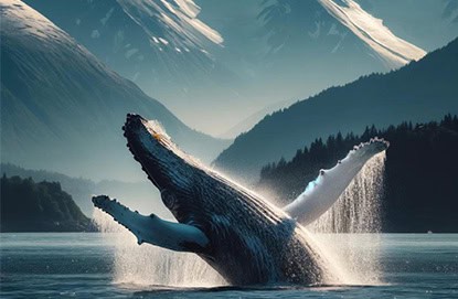 A whale breaches the water’s surface against a backdrop of snow-capped mountains and forested hills on a calm day, a serene scene perfect for any Fox Travel adventure.