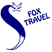 A logo with a stylized blue fox, forming an "S" shape to symbolize turning 40, accompanied by the text "Fox Travel" in blue letters.