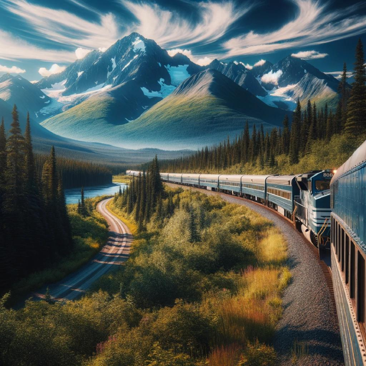 A train travels through a lush green forest with a winding road nearby, resembling scenes from A Cruiser's Guide to Alaska, with a mountain range and a cloudy blue sky in the background.