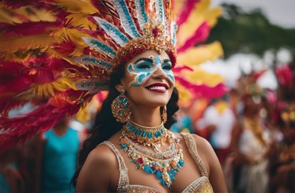 A woman dressed in vibrant, feathered carnival attire and elaborate facial makeup smiles brightly. Adorned with colorful jewelry and surrounded by a festive crowd, she captures the essence of Fox Travel's lively spirit.