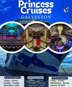 Discover your next adventure with Princess Cruises departing from Galveston! Our flyer highlights hot travel options, departure dates, and competitive prices. Enjoy captivating images of our auditorium, flag display, casino, and the stunning exterior of our cruise ship.