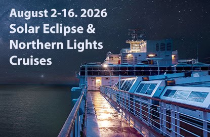 Northern Lights Cruise ship deck at night with dates from Travel Agency The Woodlands: "August 2-16, 2026 Solar Eclipse & Northern Lights Cruises" against a starry sky.