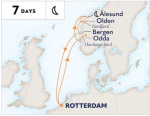 Map showing a 7-day cruise route from Rotterdam to Norwegian ports, including Ålesund, Olden, Bergen, and Odda. Arrows indicate the path through the North Sea and Hardangerfjord, offering a chance to witness the Northern Lights along this stunning journey.