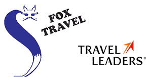 Fox Travel logo with a stylized blue fox outline and text, alongside the Travel Leaders logo with an orange arrow and text.