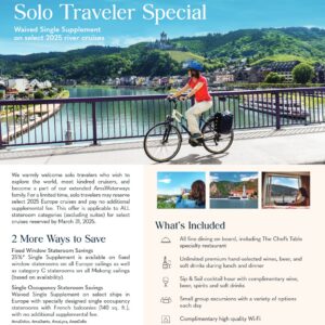 A person wearing a helmet rides a bicycle on a bridge over a river with a European town and hills in the background; American Express travel promotions are displayed.