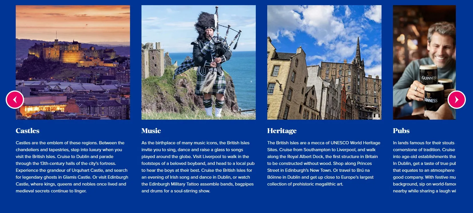 Three panels capture Scottish culture: Edinburgh Castle, a man in traditional attire playing bagpipes, historic buildings in Edinburgh, and a man enjoying a pint of Guinness on a British Isles cruise with Fox Travel.