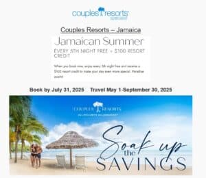 Escape to Couples Resorts in Jamaica with exclusive travel promotions: enjoy every 5th night free and a $100 resort credit on summer stays booked by July 31, 2025, for travel between May 1 and September 30, 2025.